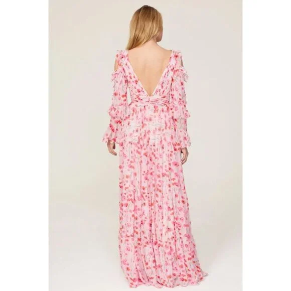 Mac Duggal Ieena Floral Gown 6 Backless Plunge Tiered Ruffled Coquette Twee - Picture 3 of 14